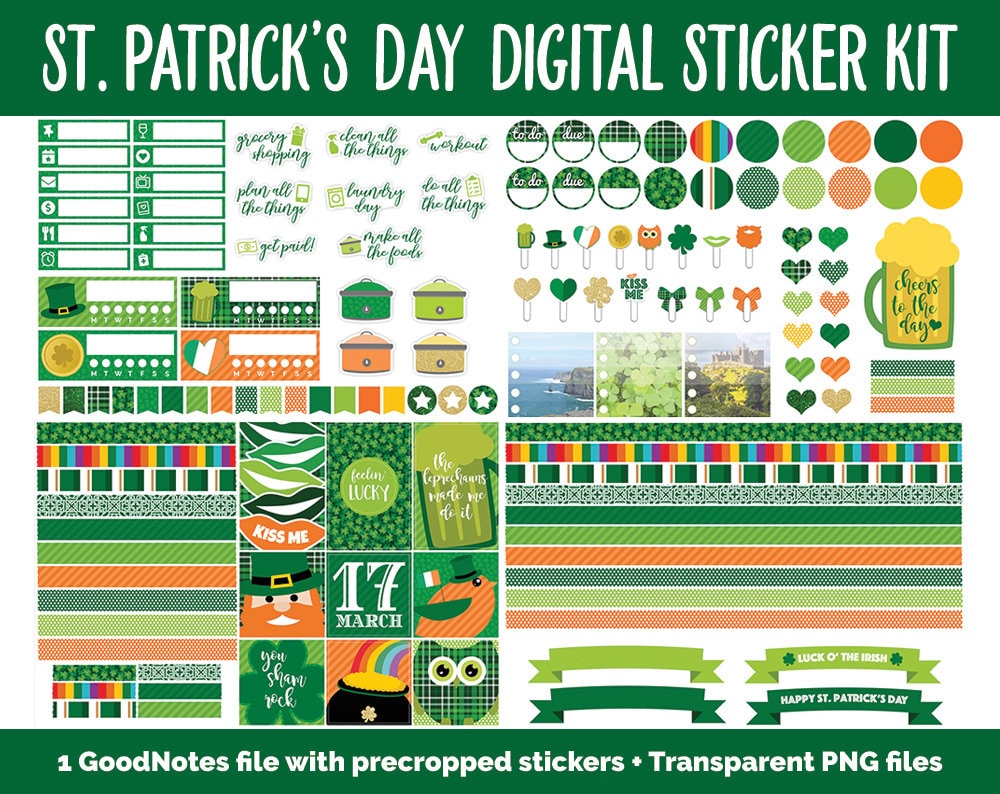St. Patrick's Day Mega Digital Sticker Bundle | GoodNotes & iPad | March Calendar Dates, Sticky Notes, Washi, Trackers and More!