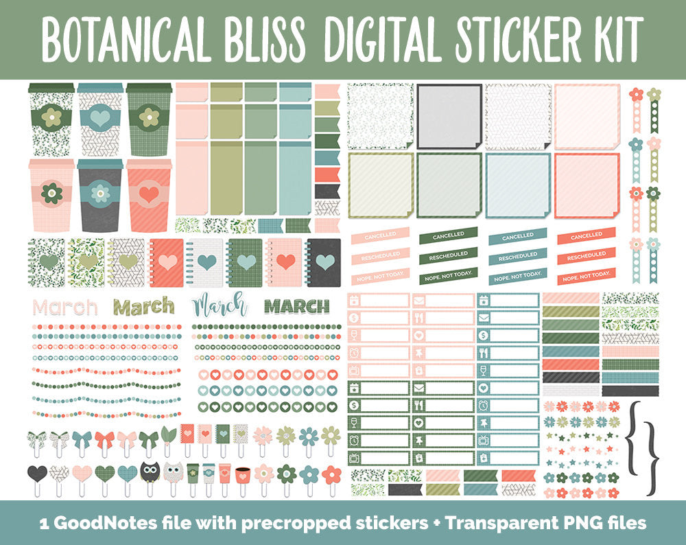 Botanical Bliss March Digital Sticker Bundle | GoodNotes & iPad | Spring Calendar Dates, Sticky Notes, Washi, Trackers and More!