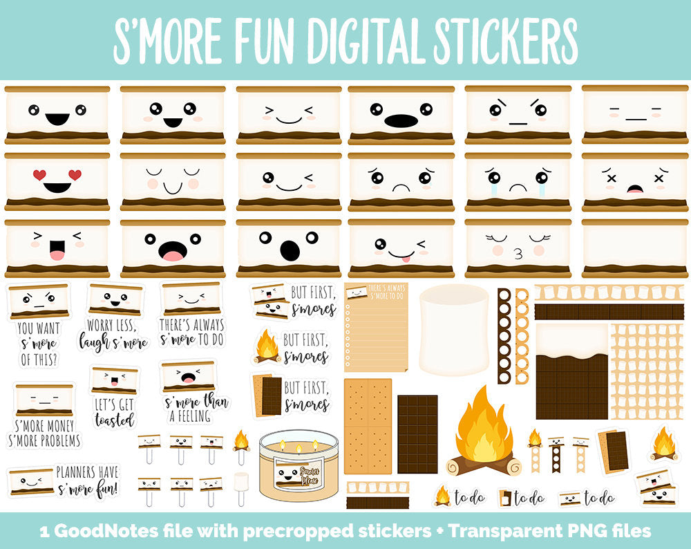 S’more Fun Emoji Digital Sticker Mini Kit | GoodNotes, iPad and Android | Mood Tracker, Camping, Food