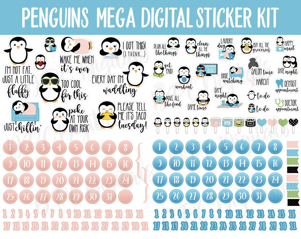 Penguin Parade Digital Sticker Mega Bundle | GoodNotes & iPad | Winter, January, February, Calendar Dates, Trackers and More!