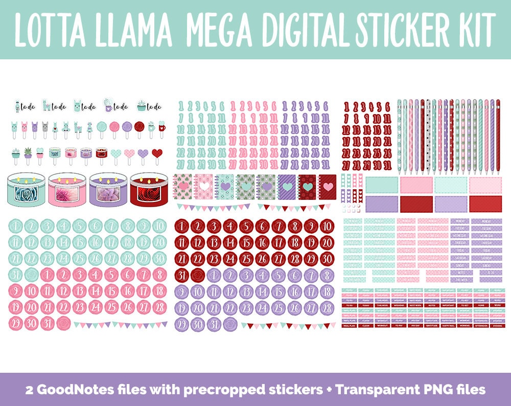 Lotta Llamas Digital Sticker Mega Bundle | GoodNotes & iPad | Alpacas, February, Valentine, Calendar Dates, Trackers and More!