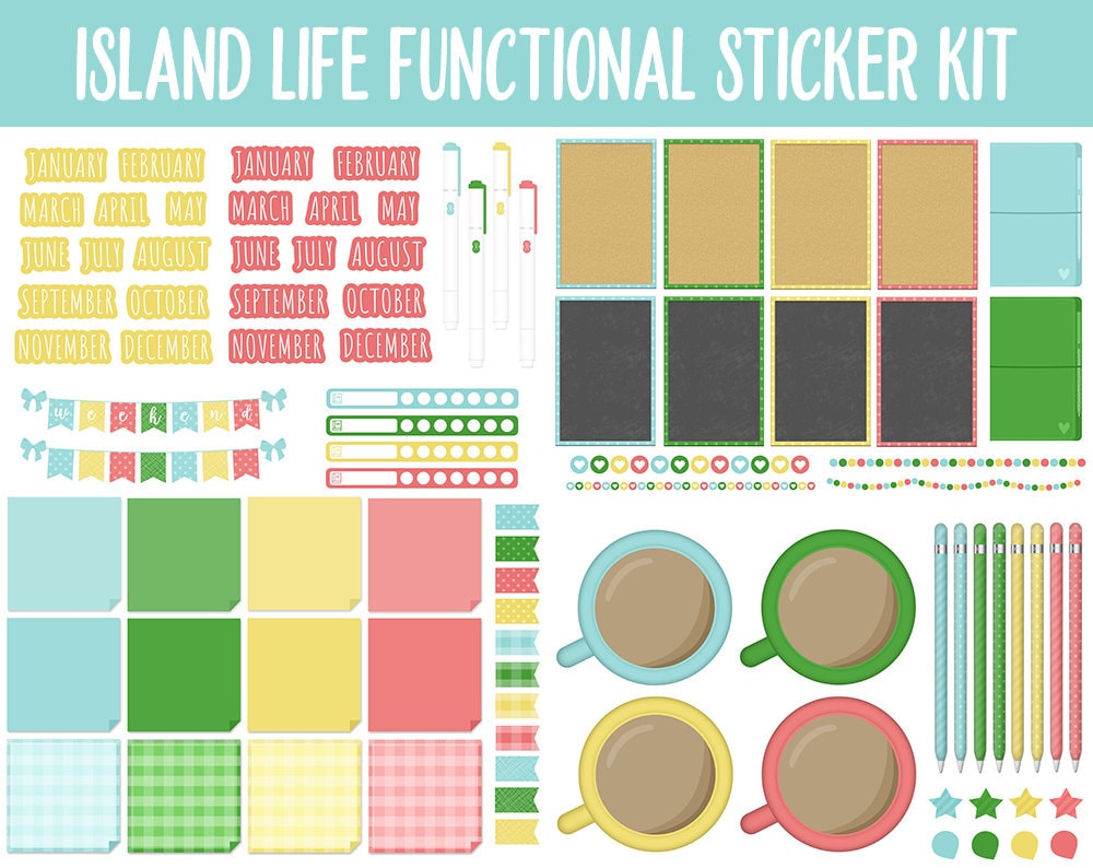 Island Life Functional Digital Stickers | GoodNotes, iPad and Android | Trackers, Meal Planning, Fitness, TV, Adulting