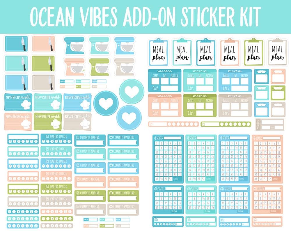 Ocean Vibes Add-On Digital Planner Stickers | GoodNotes, iPad and Android | Trackers, Meal Planning, Fitness, TV, Budget
