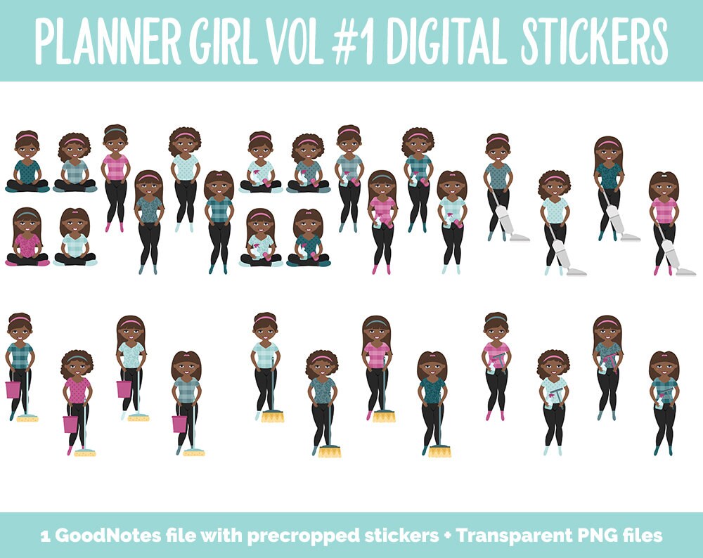 Planner Girls Vol #1 Domestic Divas Digital Stickers | Dark Skin | GoodNotes, iPad and Android | Chores, Tasks, Clean