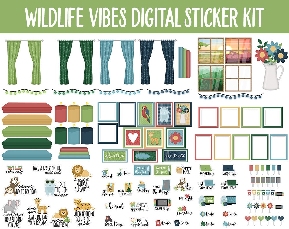 Wildlife Vibes Digital Sticker Mega Bundle | GoodNotes & iPad | Safari, Jungle, Animals, June, Floral, Planner Girls, Adulting, Moods, Tasks