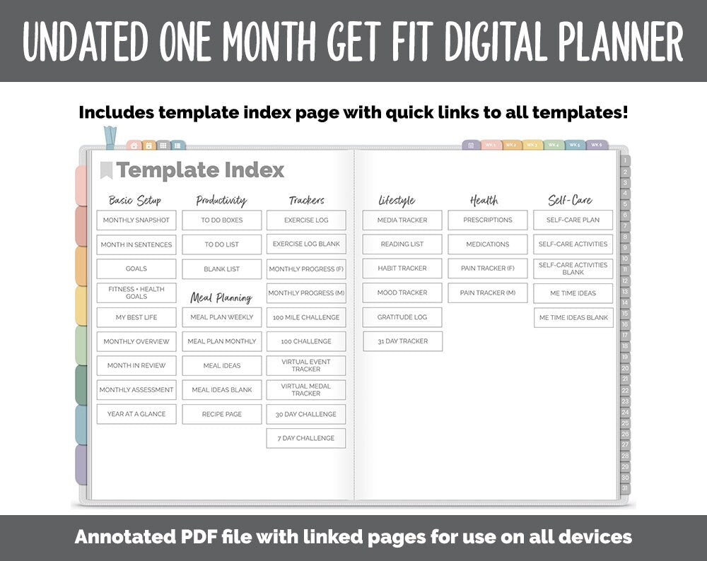 NEW! Undated Get Fit One Month Digital Planner | Boho - Best Health Edition | GoodNotes, iPad & Android | Fitness, Self-Care