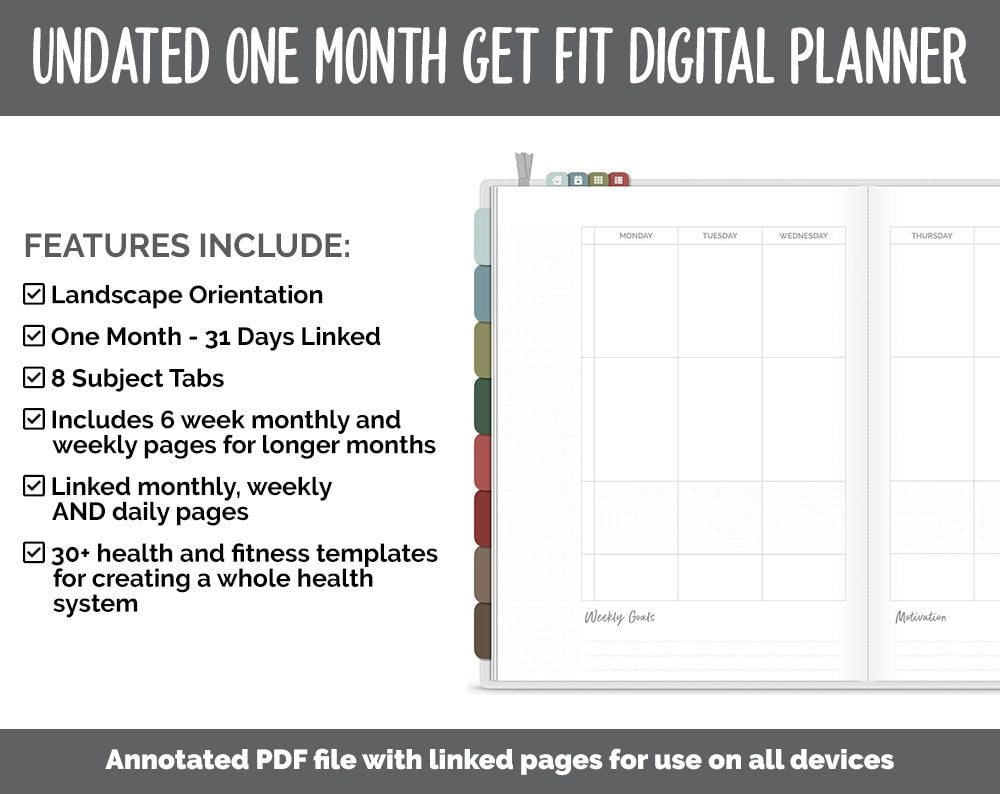 NEW! Undated Get Fit One Month Digital Planner | Breezy - Best Health Edition | GoodNotes, iPad & Android | Fitness, Self-Care
