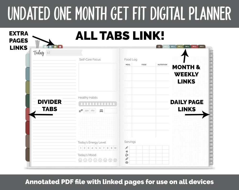 NEW! Undated Get Fit One Month Digital Planner | Breezy - Best Health Edition | GoodNotes, iPad & Android | Fitness, Self-Care