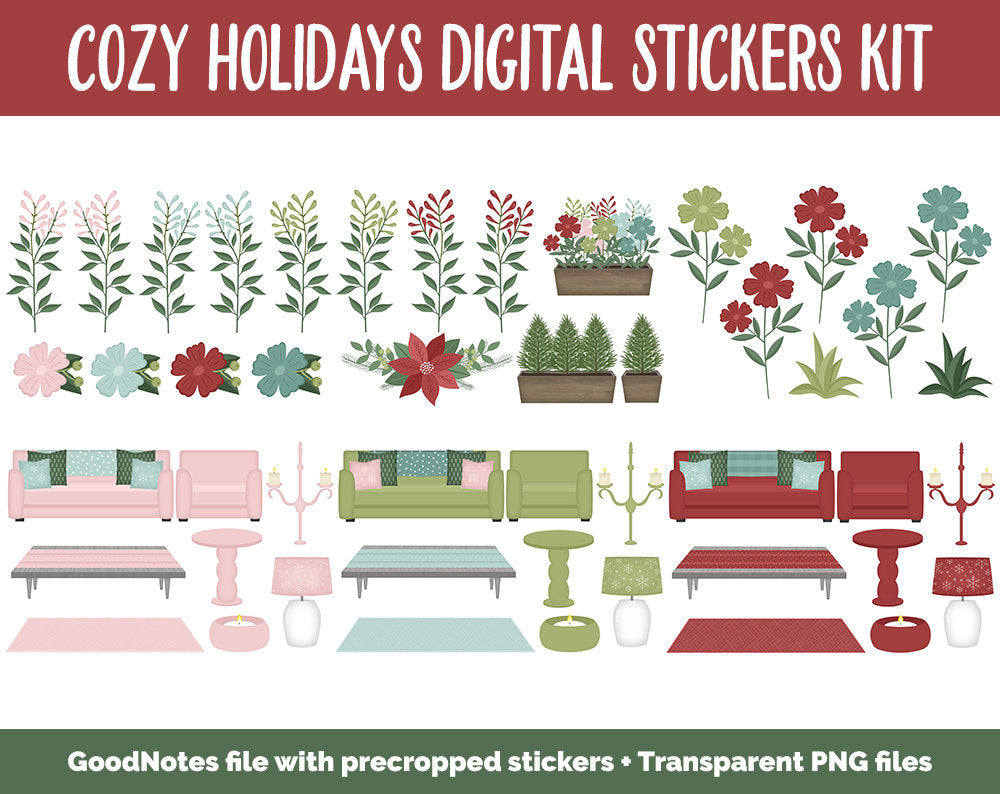 Cozy Holidays Digital Sticker Set | GoodNotes & iPad | Christmas, Winter, December, Home, Poinsettia, Floral, Furniture, Decor
