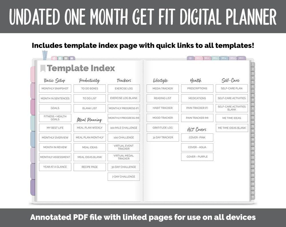 NEW! Undated Get Fit One Month Digital Planner | Amore Theme - Best Health Edition | GoodNotes, iPad & Android | Fitness, Self-Care