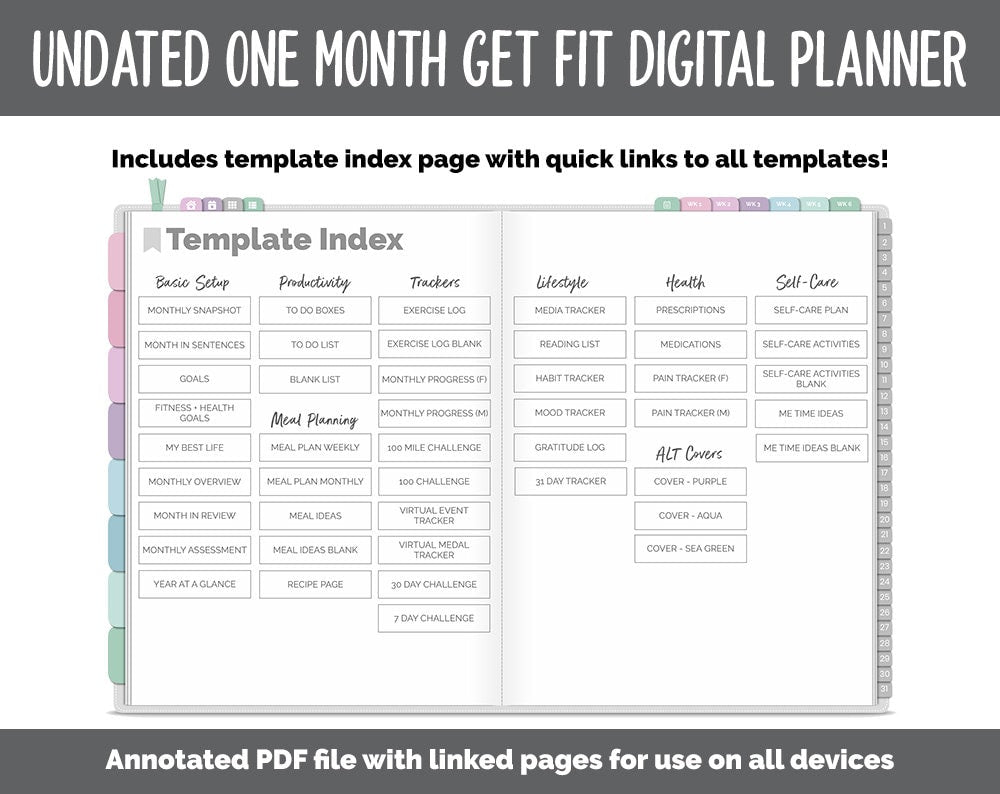 NEW! Undated Get Fit One Month Digital Planner | Waves Theme - Best Health Edition | GoodNotes, iPad & Android | Fitness, Self-Care