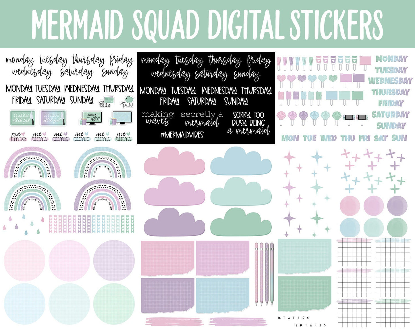 Mermaid Squad Digital Sticker Mega Bundle | GoodNotes & iPad | May, Ocean, Pastel, Activities, Goals, Tasks