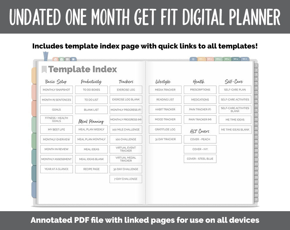 NEW! Undated Get Fit One Month Digital Planner | Inspired Theme - Best Health Edition | GoodNotes, iPad & Android | Fitness, Self-Care