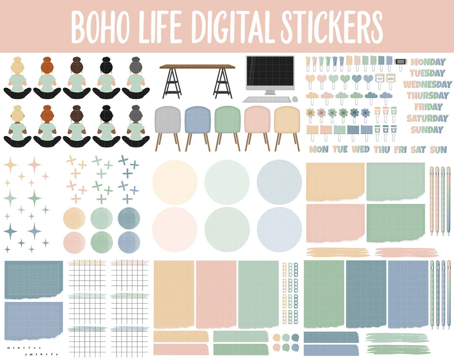Boho Life Digital Sticker Mega Bundle | GoodNotes & iPad | August, Retro, Dreamcatcher, Papers, Work, Planner Girls, Adulting, Tasks