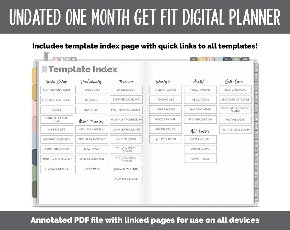 NEW! Undated Get Fit One Month Digital Planner | Focused Theme - Best Health Edition | GoodNotes, iPad & Android | Fitness, Self-Care