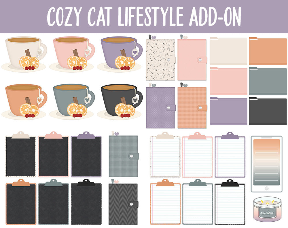 Cozy Cat Lifestyle Add-On Digital Stickers | GoodNotes & iPad | TV, Playlist, Travel, Reading, Work, Groceries