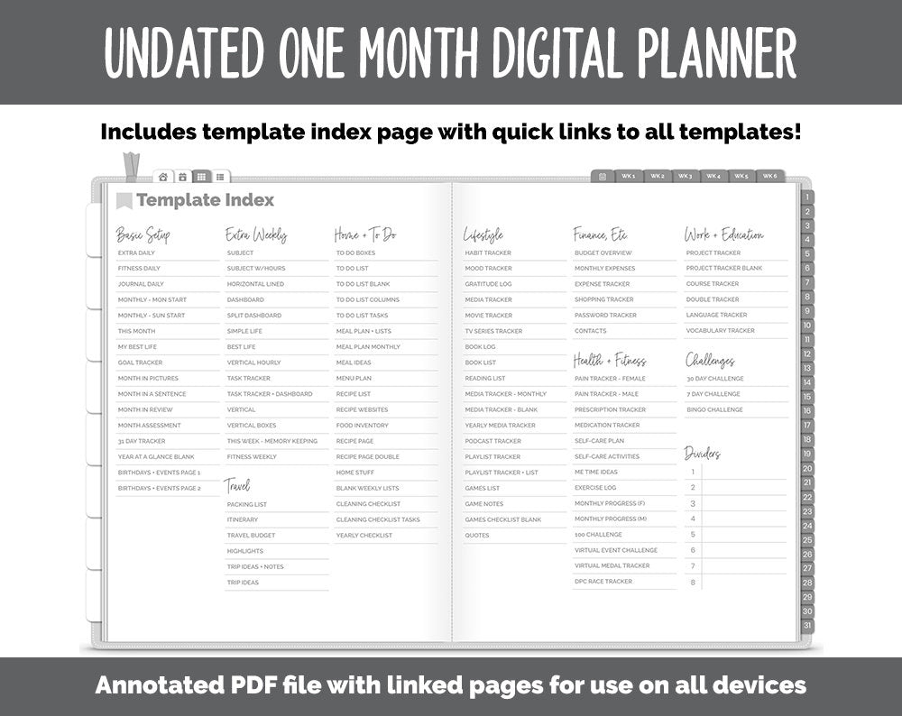 Undated One Month Digital Planner | Whiteout Theme - Best Life Weekly | GoodNotes, iPad & Android