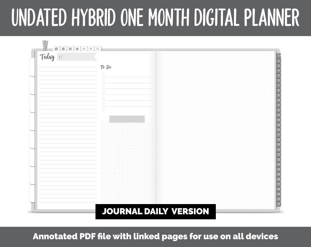 Undated Hybrid One Month Digital Planner | Whiteout Theme | GoodNotes, iPad & Android