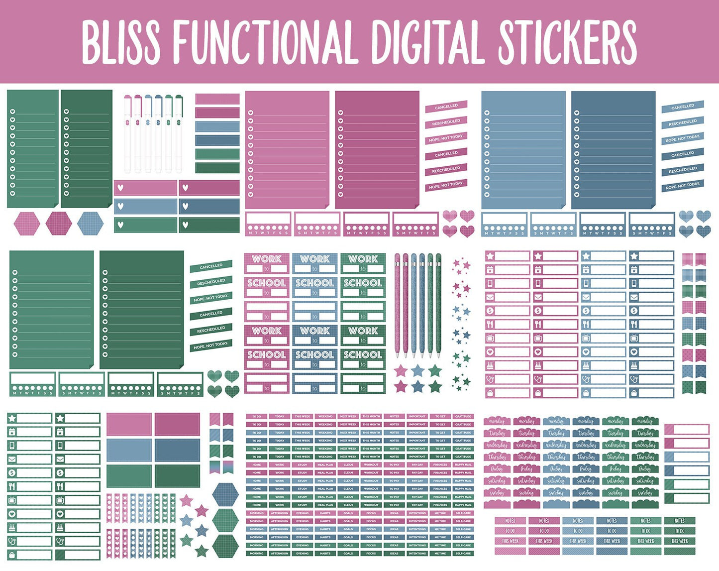 Bliss Functional Digital Sticker Set | GoodNotes, iPad & Android | Papers, Sticky Notes, Chores, Work, Adulting, Tasks, Dates