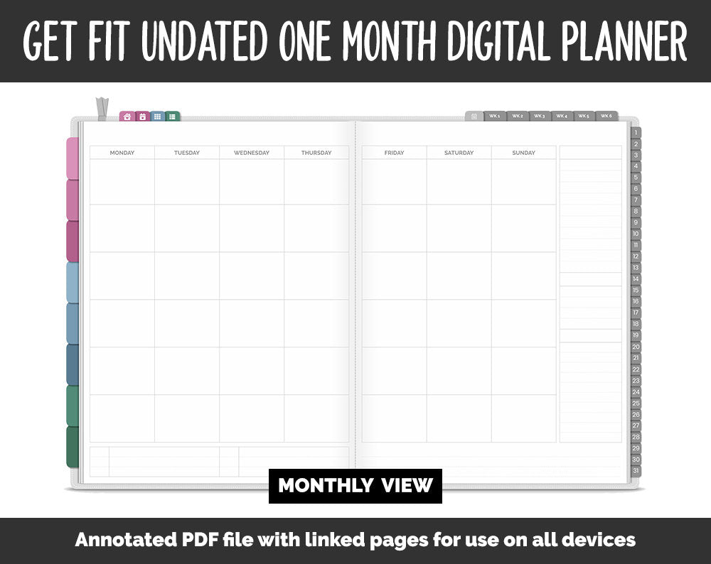 Undated Get Fit One Month Digital Planner | Bliss Theme | GoodNotes, iPad & Android | Fitness, Self-Care, Health, Workout