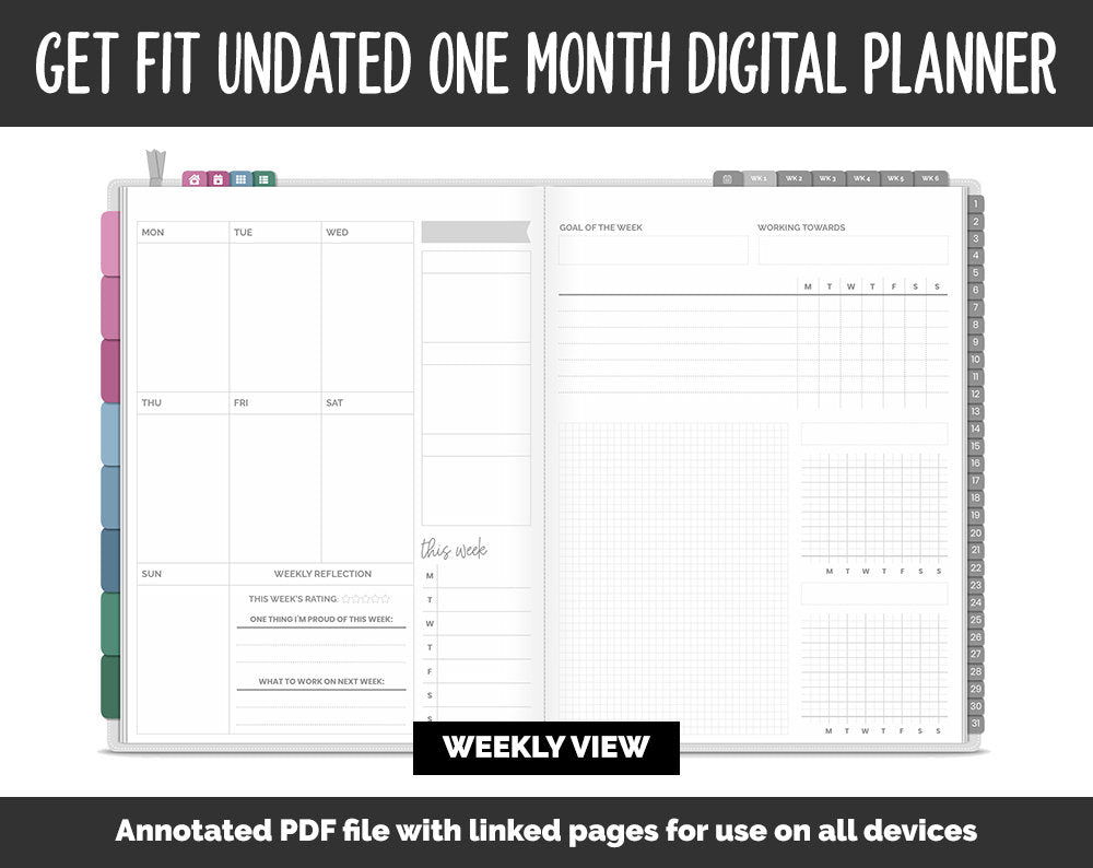 Undated Get Fit One Month Digital Planner | Bliss Theme | GoodNotes, iPad & Android | Fitness, Self-Care, Health, Workout