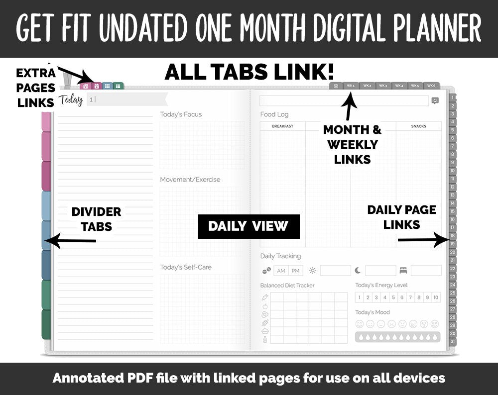 Undated Get Fit One Month Digital Planner | Bliss Theme | GoodNotes, iPad & Android | Fitness, Self-Care, Health, Workout