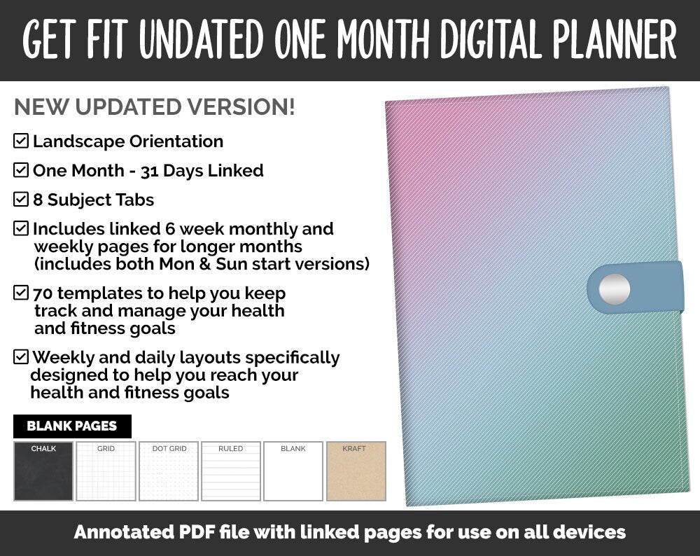 Undated Get Fit One Month Digital Planner | Bliss Theme | GoodNotes, iPad & Android | Fitness, Self-Care, Health, Workout