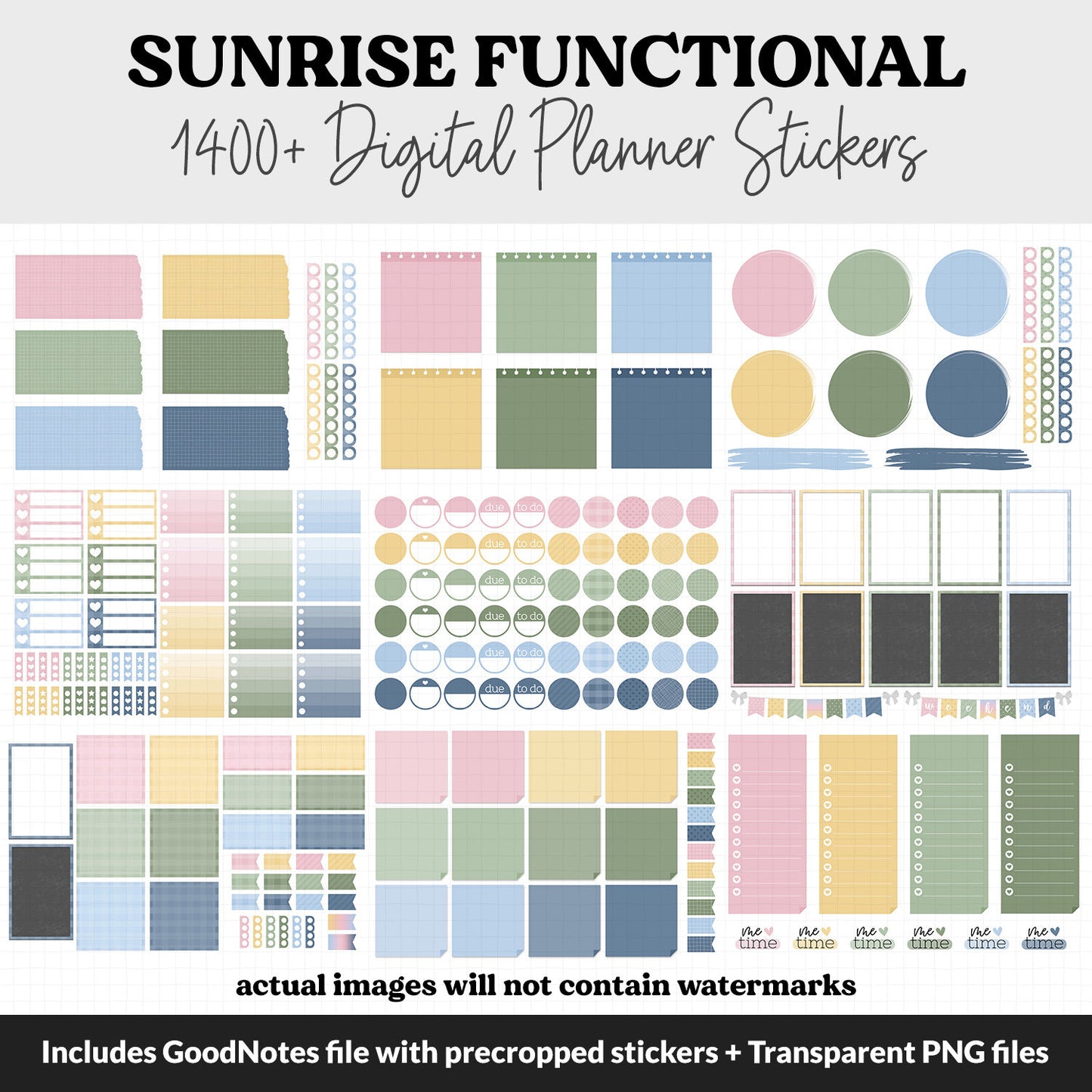 Sunrise Functional Digital Sticker Set | GoodNotes, iPad & Android | Papers, Sticky Notes, Chores, Work, Adulting, Tasks, Dates