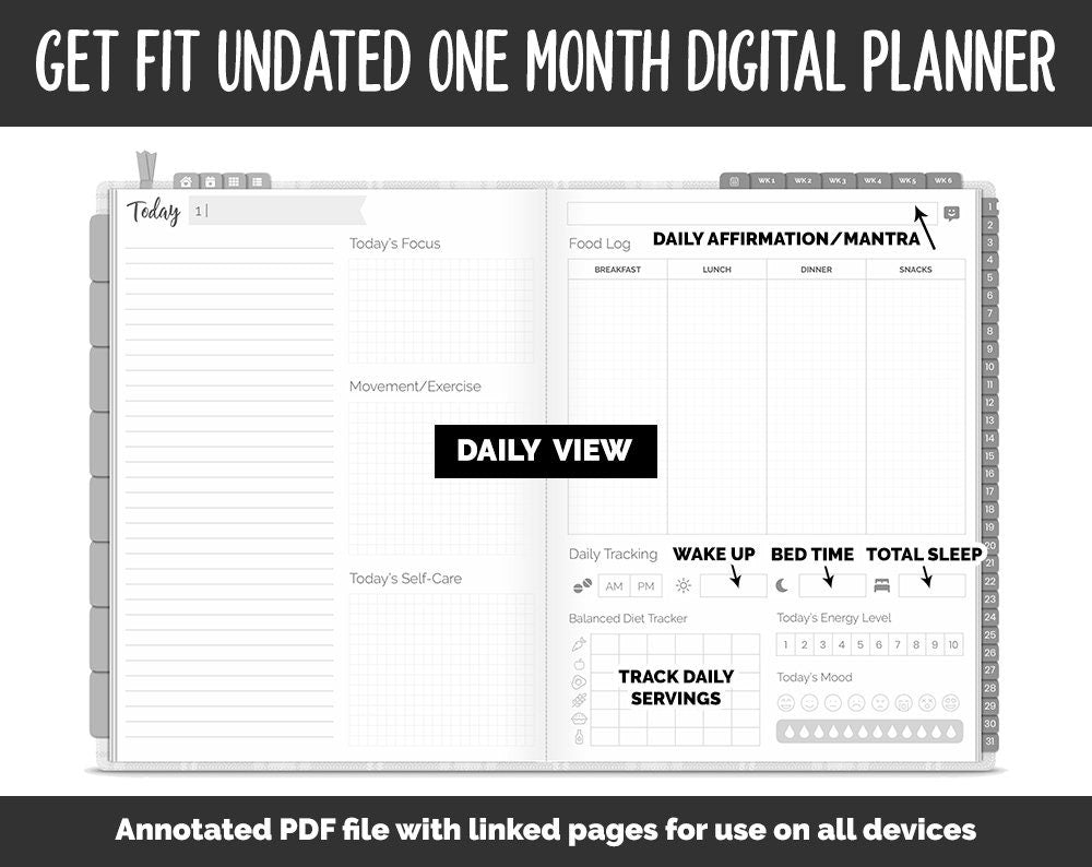 Undated Get Fit One Month Digital Planner | Gray Flannel Theme | GoodNotes, iPad & Android | Fitness, Self-Care, Health, Workout