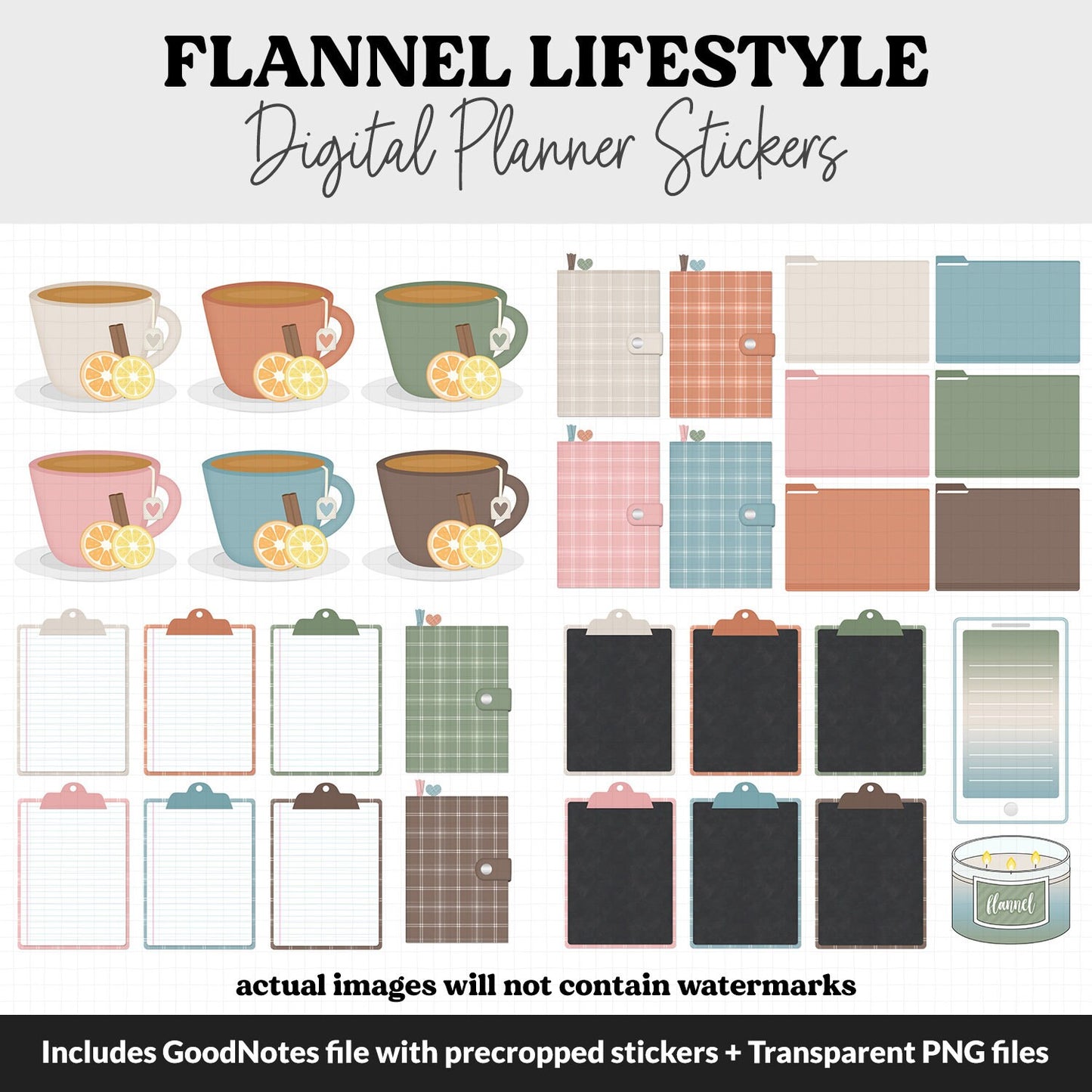 Flannel Lifestyle Add-On Digital Stickers | GoodNotes & iPad | TV, Playlist, Travel, Reading, Work, Groceries