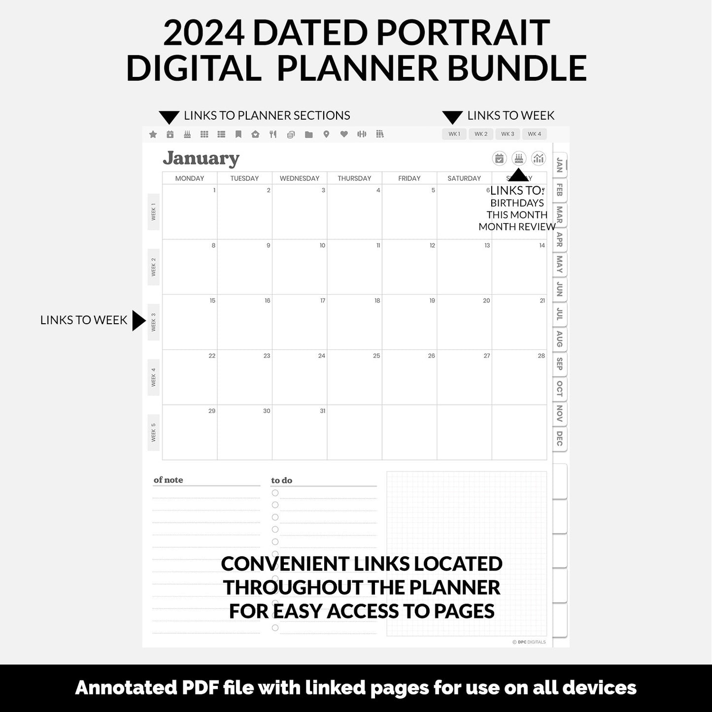 BUNDLE! 2024 Dated Portrait Digital Planner | Whiteout | GoodNotes, iPad & Android