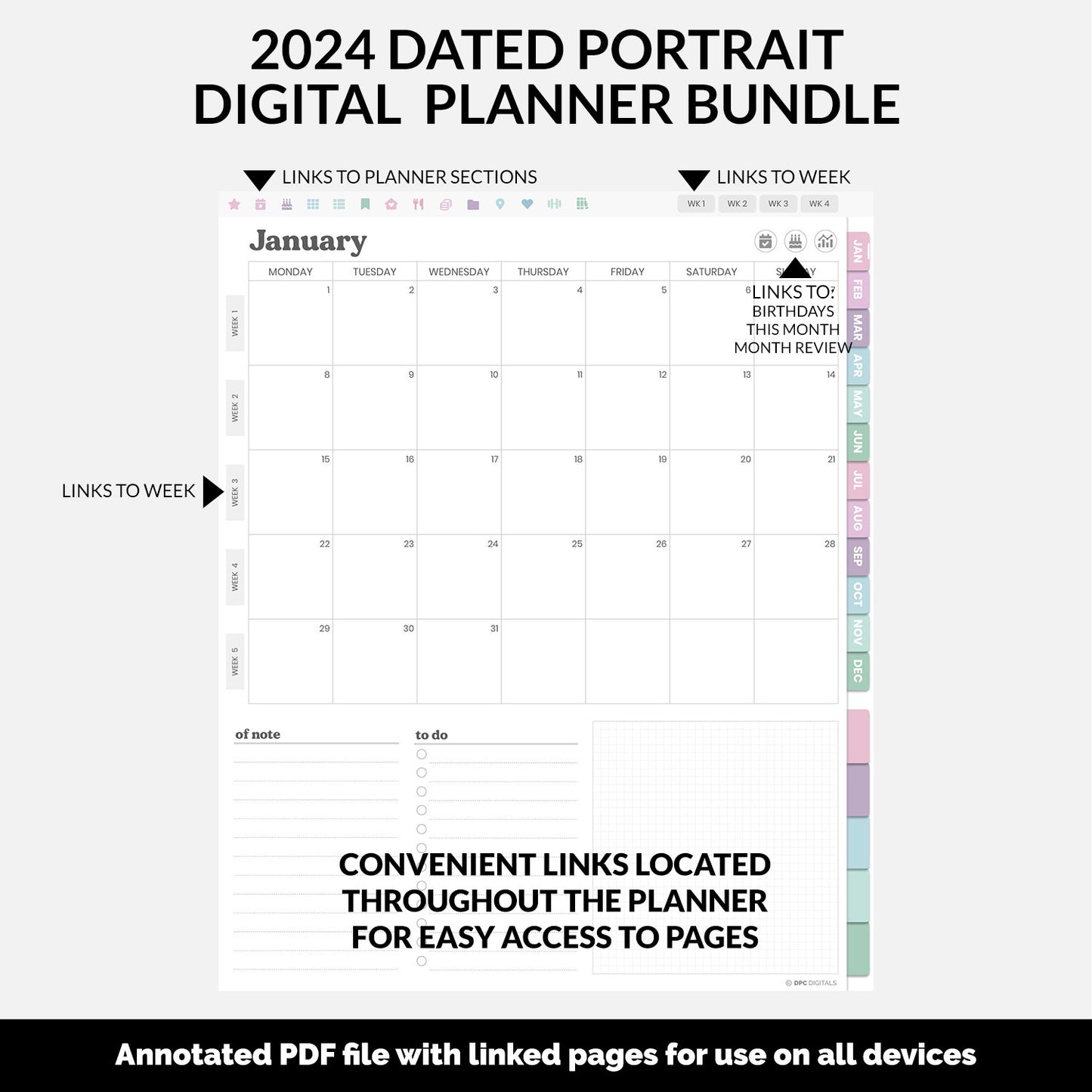 BUNDLE! 2024 Dated Portrait Digital Planner | Waves | GoodNotes, iPad & Android