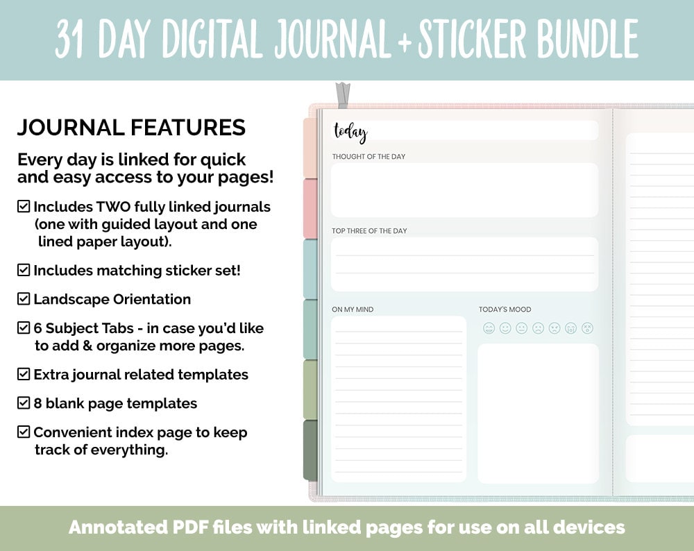 31 Day Digital Journal + Sticker Bundle | Bloom Theme
