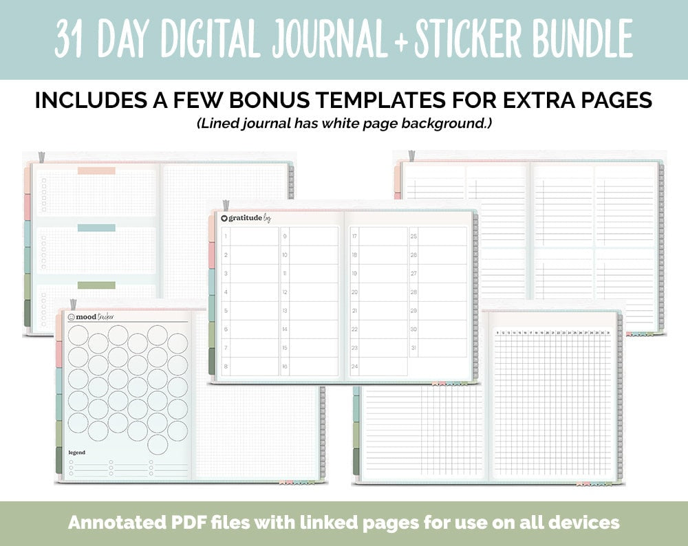 31 Day Digital Journal + Sticker Bundle | Bloom Theme