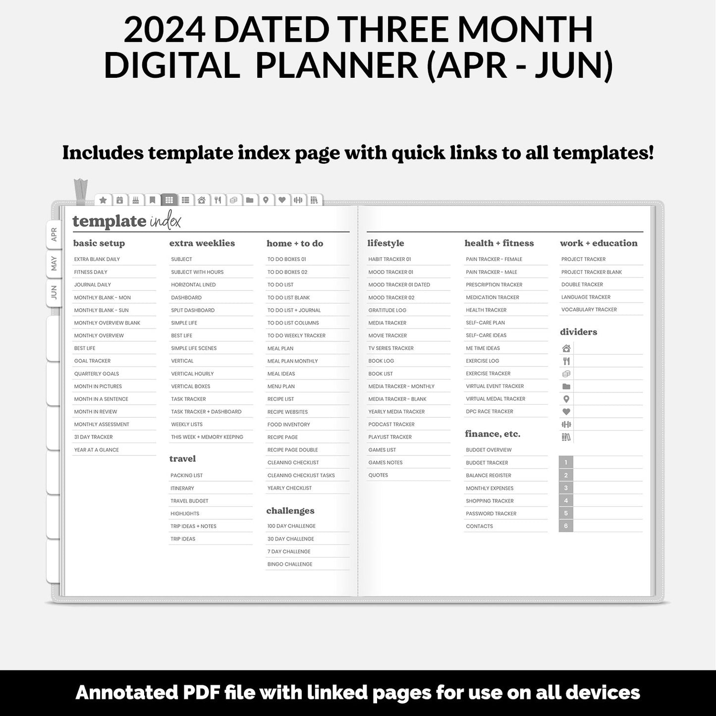2024 Dated Three Month Digital Planner | April - June | Whiteout Theme | Simple Life