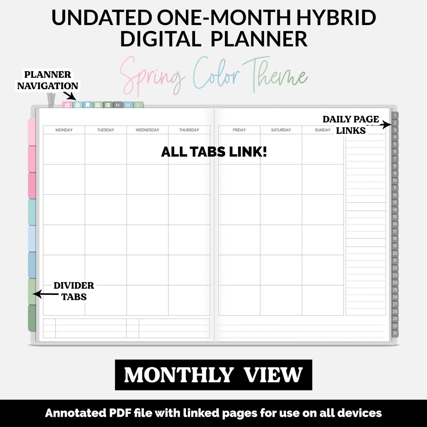 Undated Hybrid One Month Digital Planner | Spring Theme | GoodNotes, iPad & Android