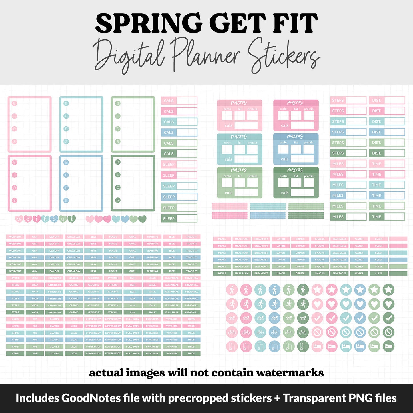 Get Fit Spring Digital Stickers | GoodNotes & iPad | Fitness, Health, Self-Care, Workout