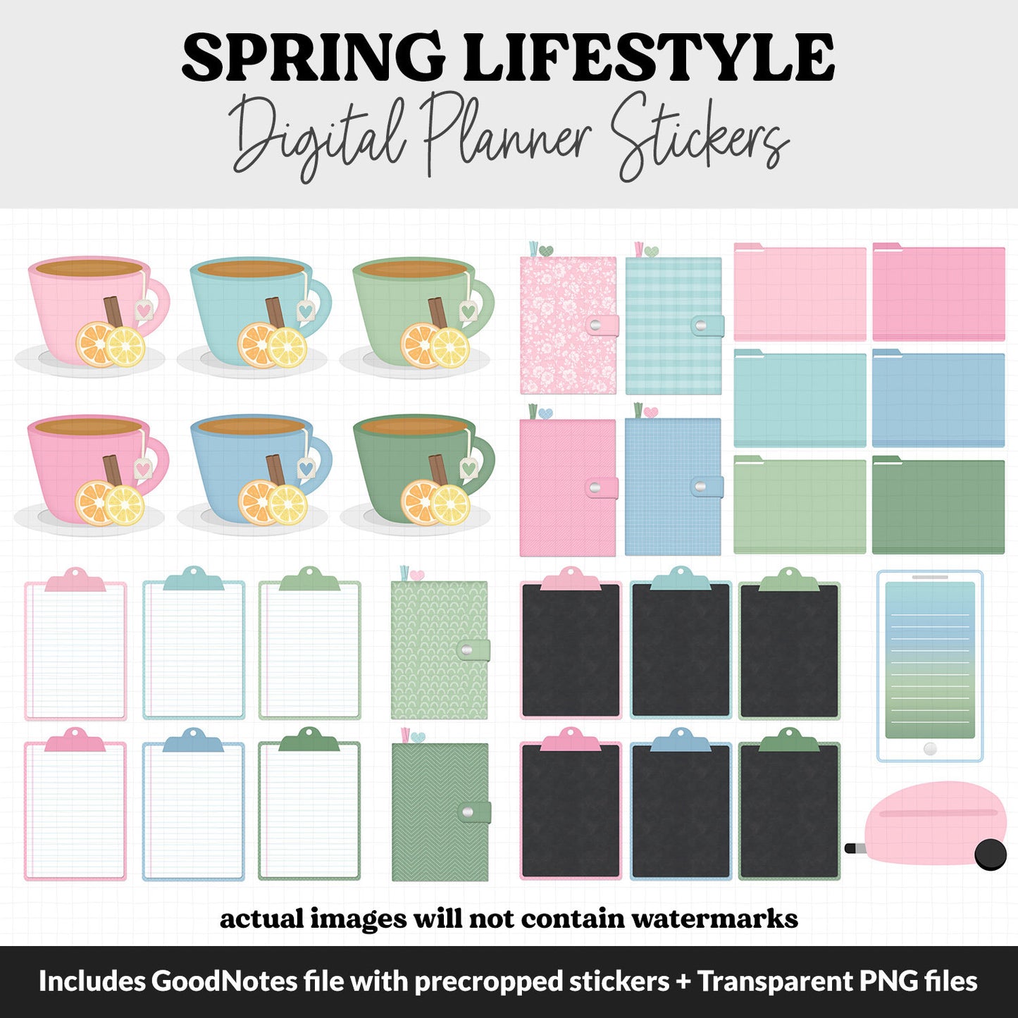 Spring Lifestyle Add-On Digital Stickers | GoodNotes & iPad | TV, Playlist, Travel, Reading, Work, Groceries