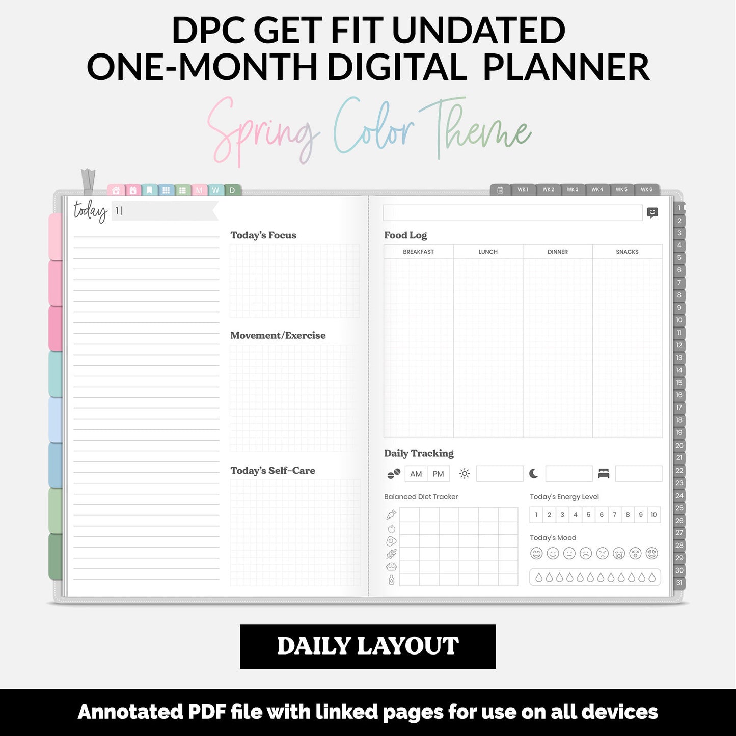 Get Fit One Month Digital Planner | Spring Theme | GoodNotes, iPad, Android | Workout, Fitness, Health, Wellness, Self-Care