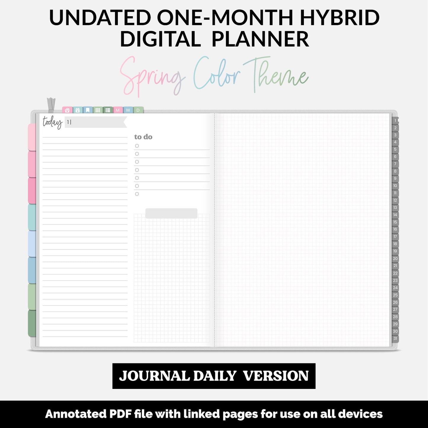 Undated Hybrid One Month Digital Planner | Spring Theme | GoodNotes, iPad & Android