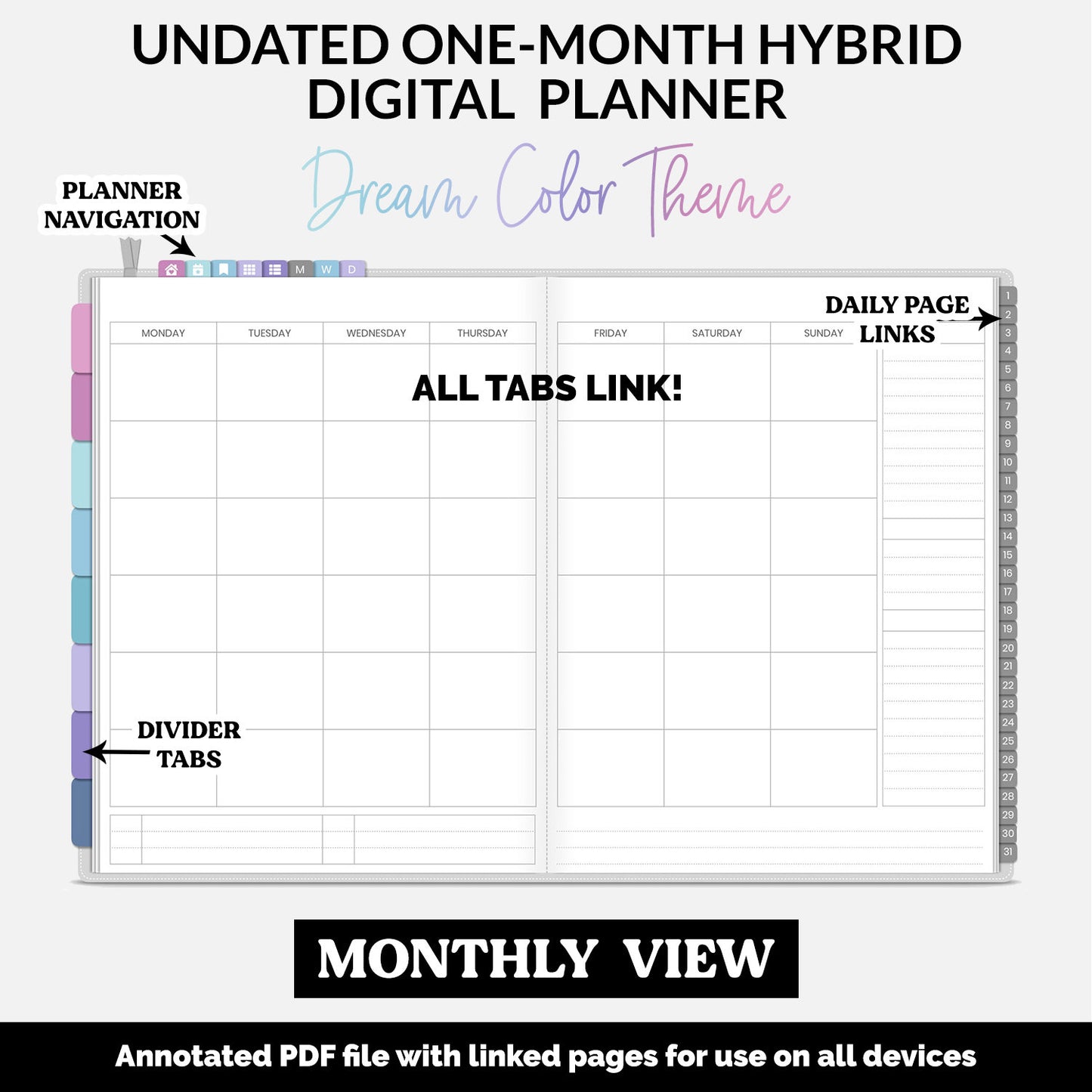 Undated Hybrid One Month Digital Planner | Dream Theme