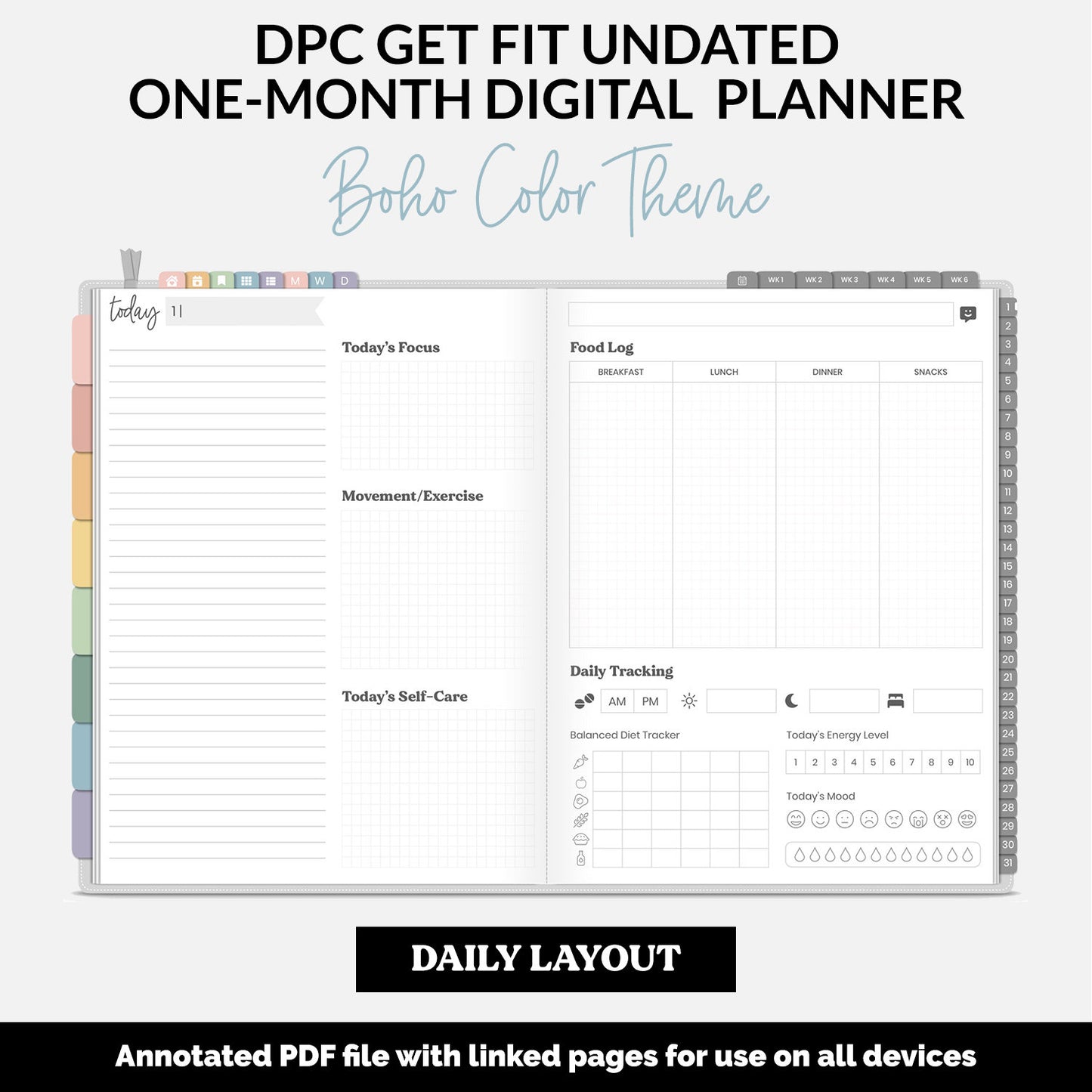 Get Fit One Month Digital Planner | Boho Theme | GoodNotes, iPad, Android | Workout, Fitness, Health, Wellness, Self-Care