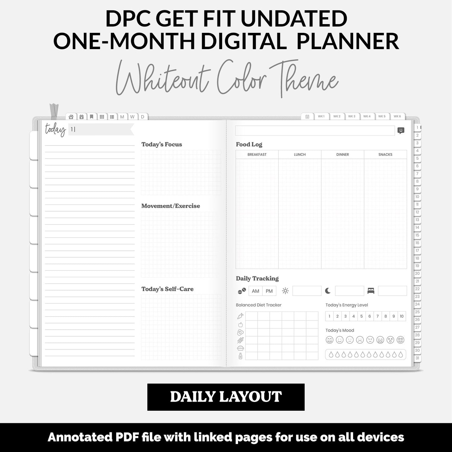 Get Fit One Month Digital Planner | Whiteout Theme | GoodNotes, iPad, Android | Workout, Fitness, Health, Wellness, Self-Care
