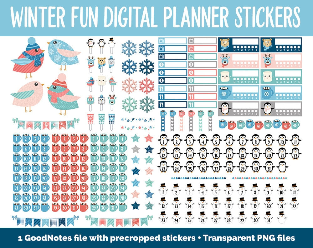 Winter Fun Mega Digital Sticker Bundle | GoodNotes & iPad | Winter, Calendar Dates, Sticky Notes, Washi, Trackers and More!