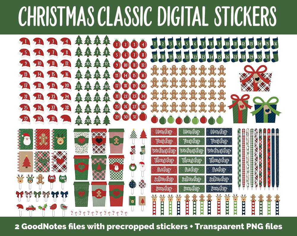 Christmas Holiday Classic Mega Digital Sticker Bundle | GoodNotes & iPad | Winter, Calendar Dates, Sticky Notes, Washi, Trackers and More!