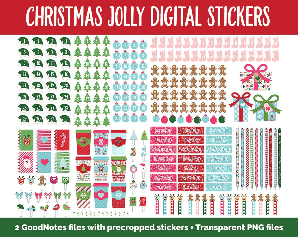 Christmas Holiday Jolly Mega Digital Sticker Bundle | GoodNotes & iPad | Winter, Calendar Dates, Sticky Notes, Washi, Trackers and More!