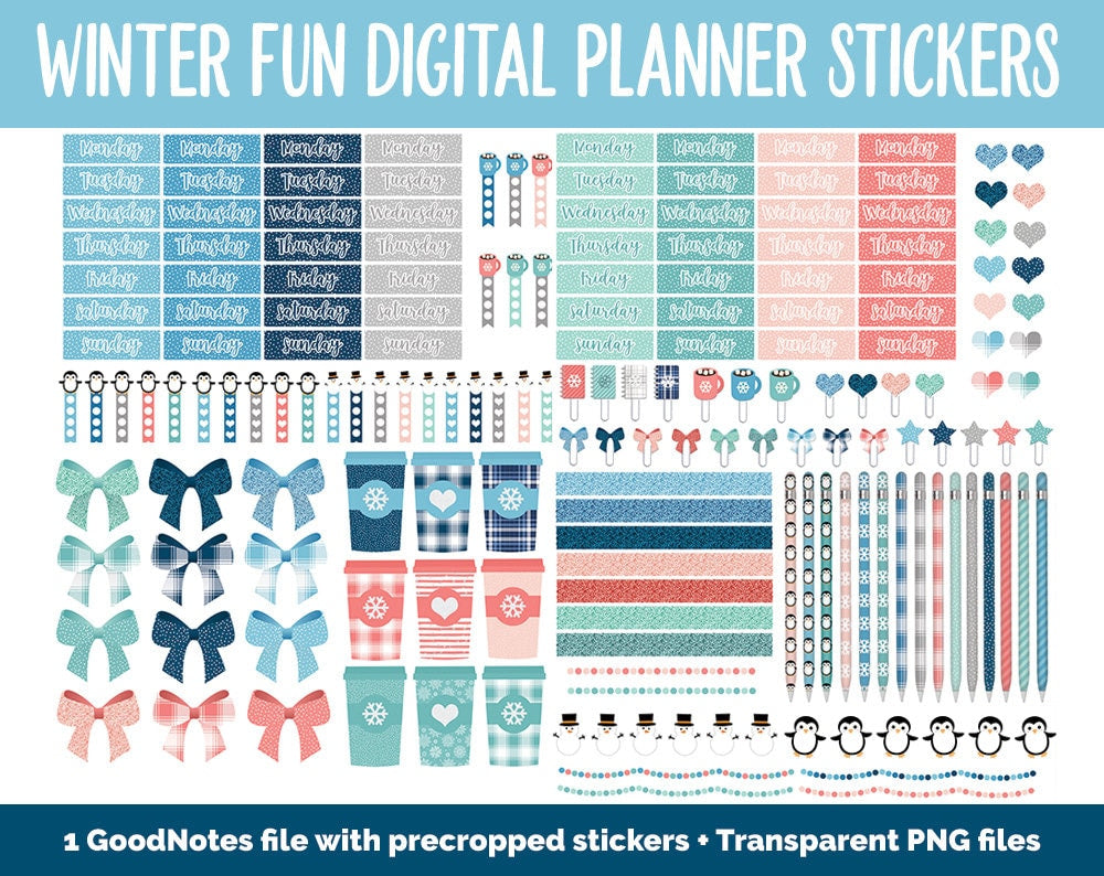 Winter Fun Mega Digital Sticker Bundle | GoodNotes & iPad | Winter, Calendar Dates, Sticky Notes, Washi, Trackers and More!