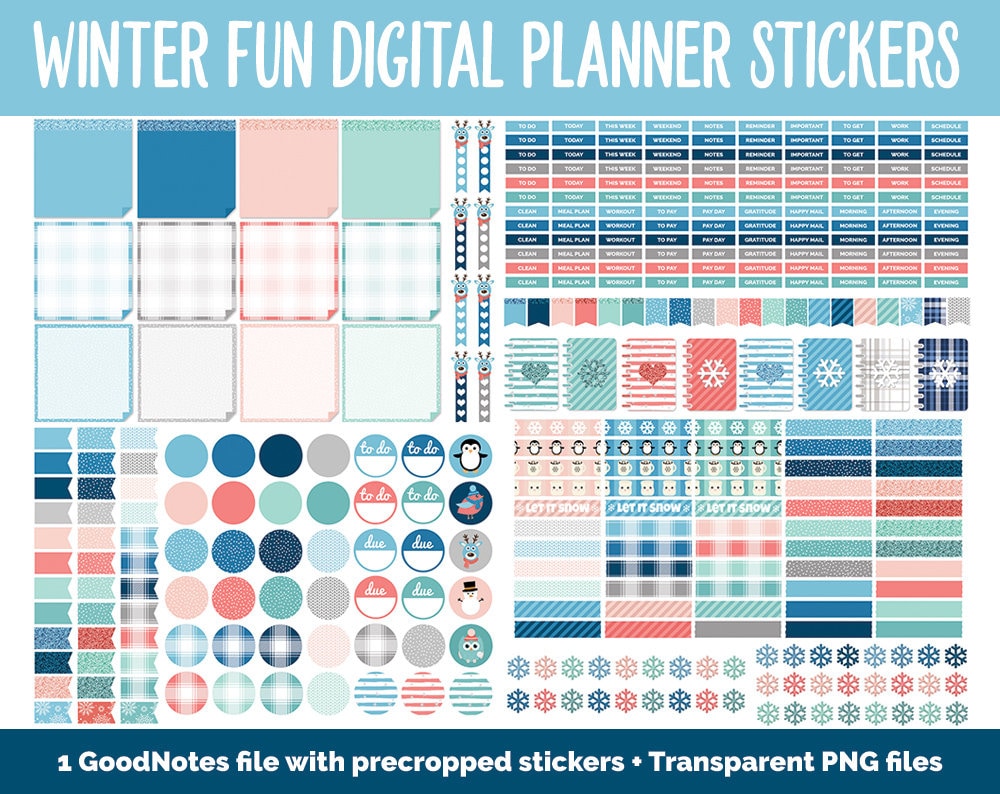 Winter Fun Mega Digital Sticker Bundle | GoodNotes & iPad | Winter, Calendar Dates, Sticky Notes, Washi, Trackers and More!