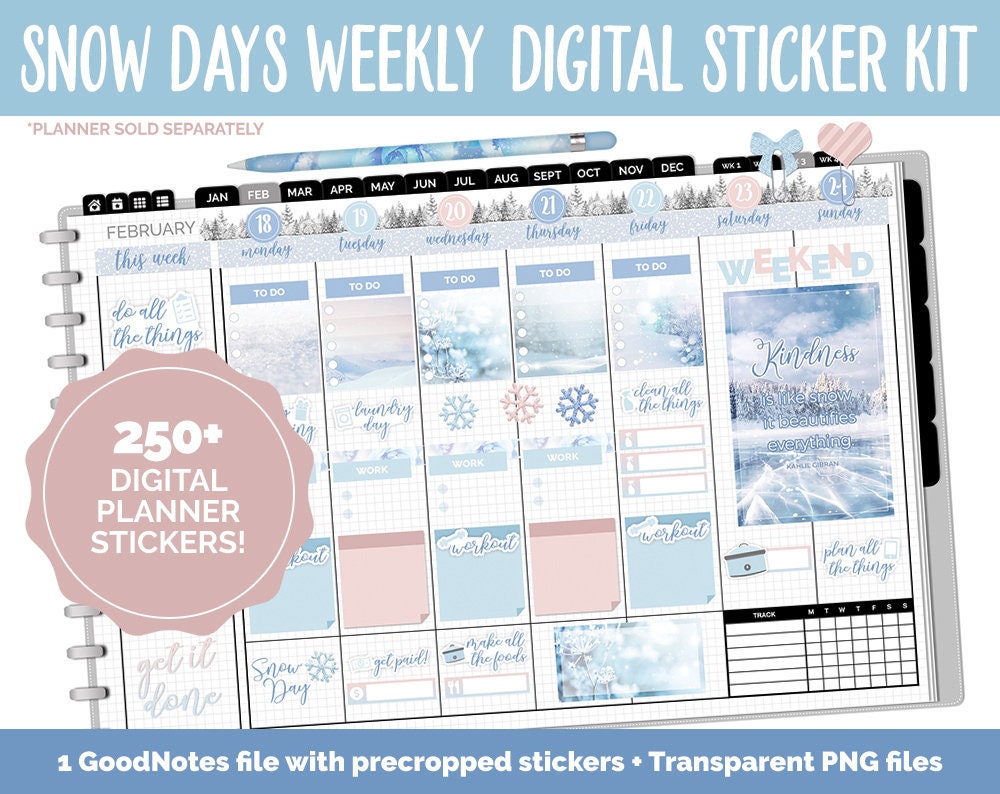 Snow Days Weekly Digital Sticker Kit | GoodNotes & iPad | Digital Planner Stickers, Sticky Notes, Washi, Trackers and More!