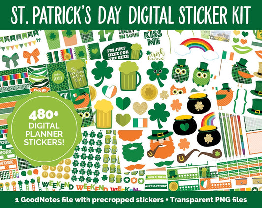 St. Patrick's Day Mega Digital Sticker Bundle | GoodNotes & iPad | March Calendar Dates, Sticky Notes, Washi, Trackers and More!